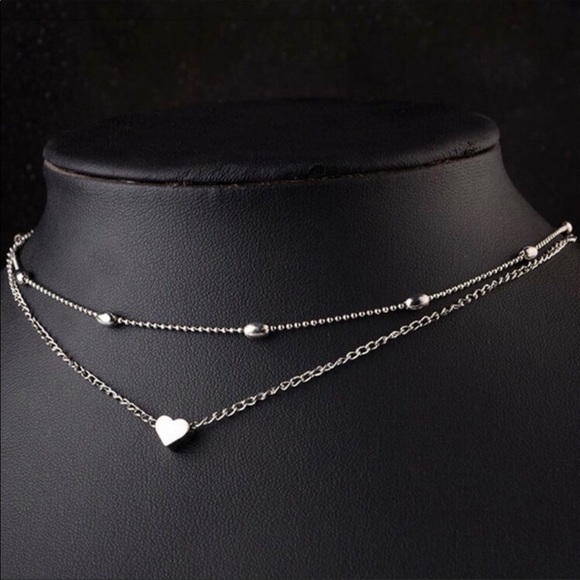 Silver Heart Layered Choker With Dotted Ch 9$